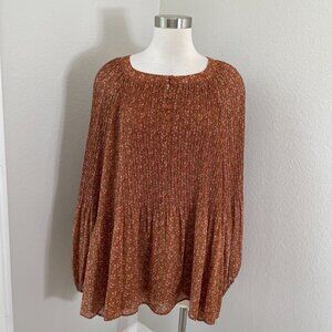 NEW DR2 Womens Plus 3X Boho Floral Rust Pleated Tunic Top Long Sleeve Blouse